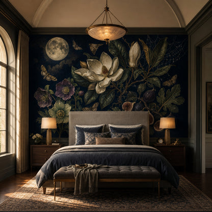 Nocturnal Botanical Wallpaper Moon Magnolia Flower Removable Wall Decor