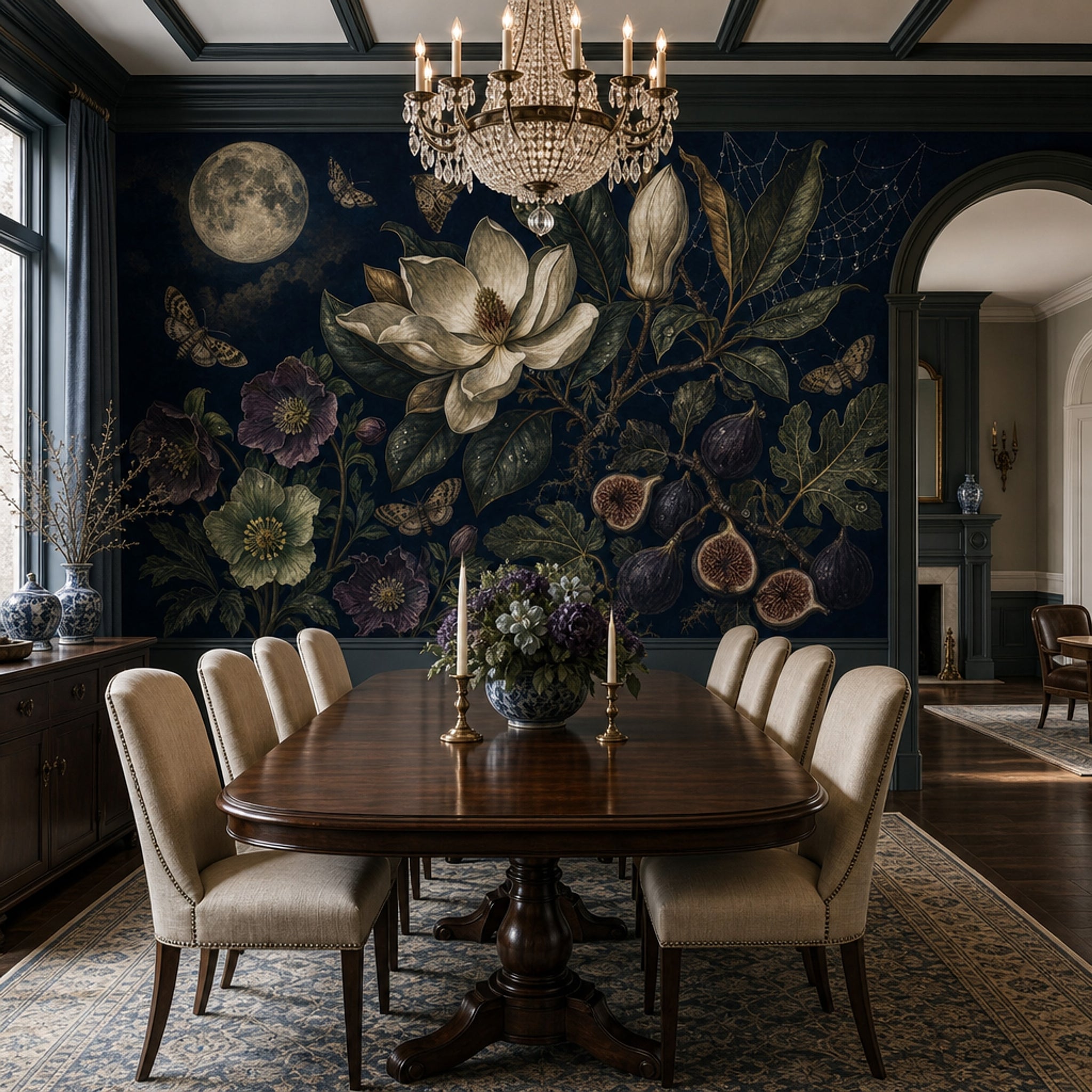 Nocturnal Botanical Wallpaper Moon Magnolia Flower Removable Wall Decor