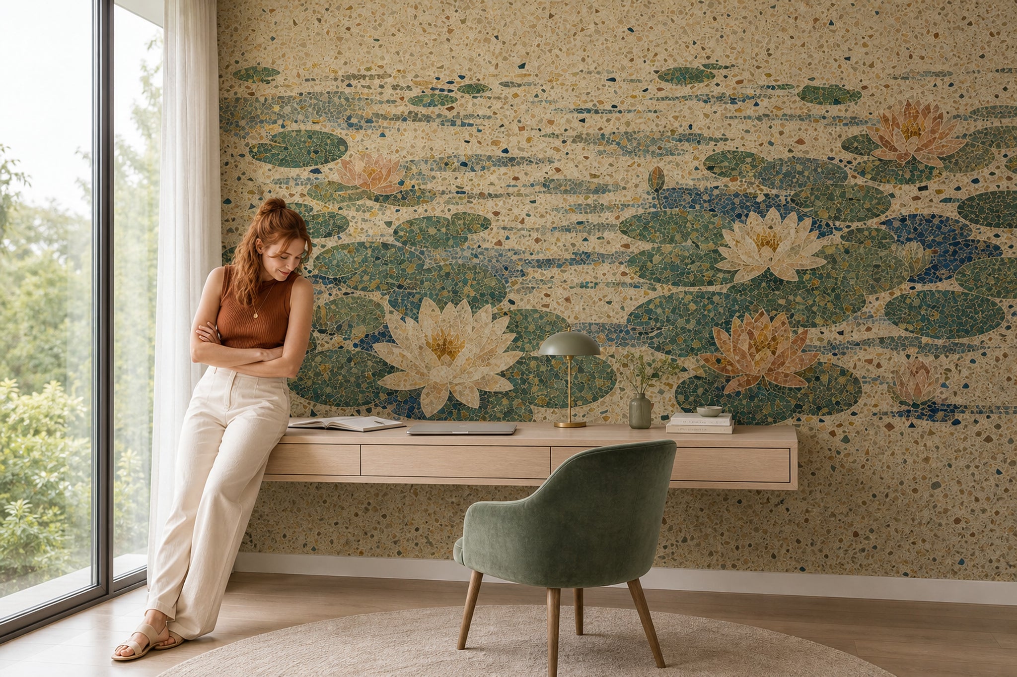 Muted Green Wallpaper Lotus Terrazzo Removable Wall Decor
