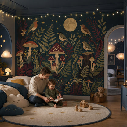 Night Forest Wallpaper Moon Removable Birds Wall Decor