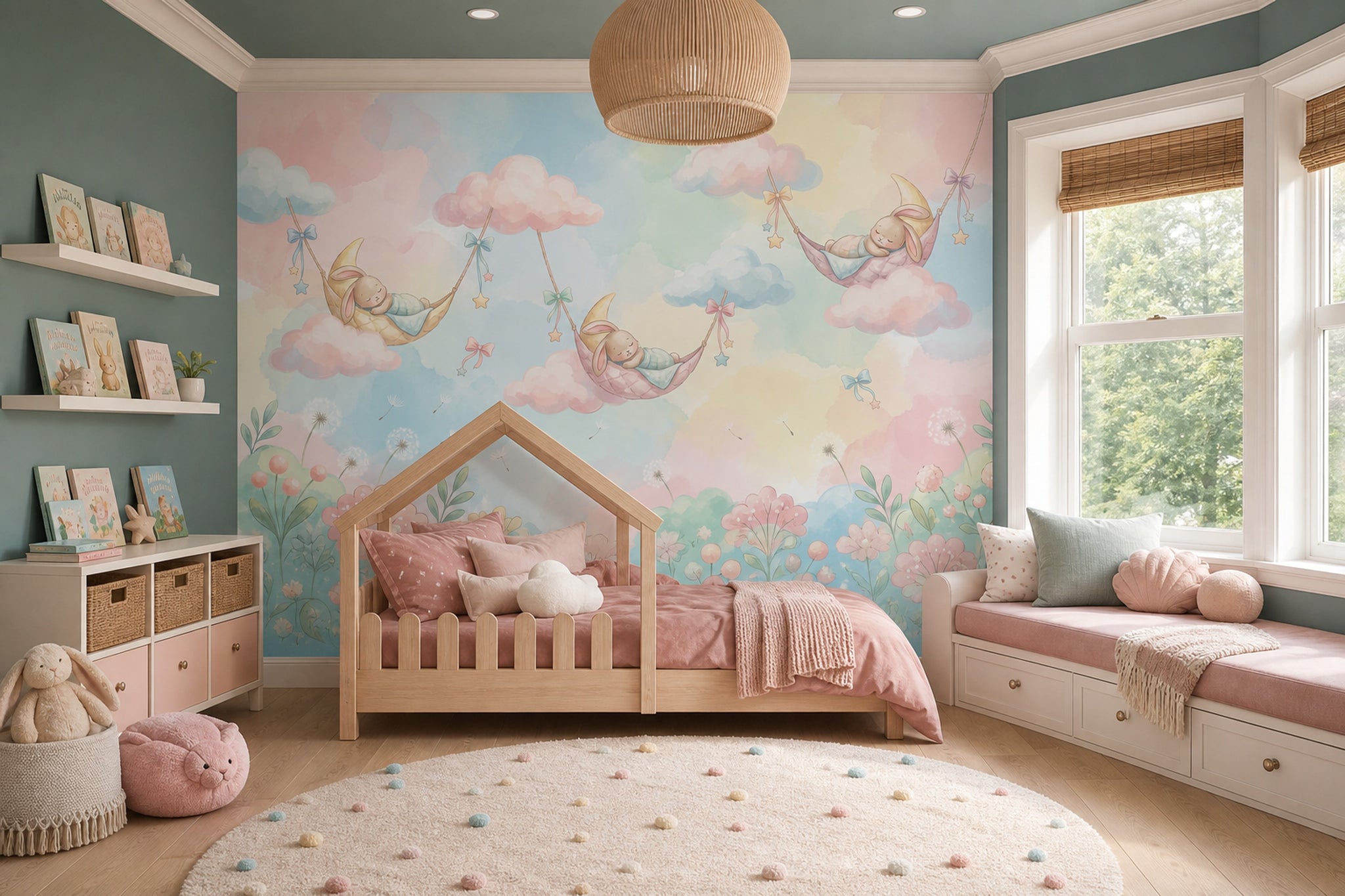 Nursery Wallpaper Pastel Sleeping Bunny Removable Wall Decor