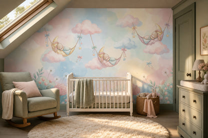 Nursery Wallpaper Pastel Sleeping Bunny Removable Wall Decor