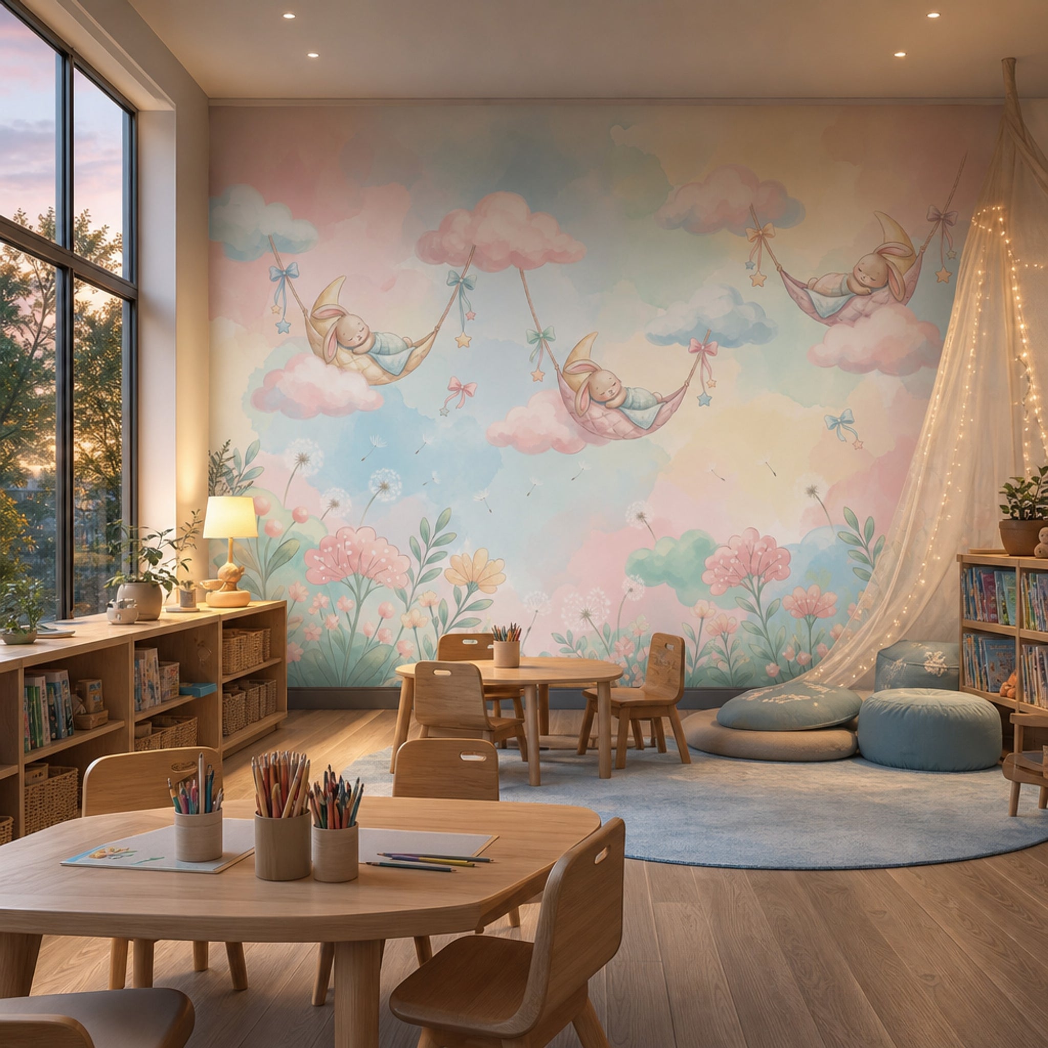 Nursery Wallpaper Pastel Sleeping Bunny Removable Wall Decor