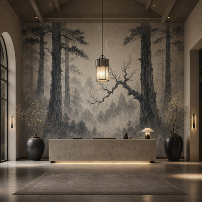Misty Forest Wallpaper Cloudy Sky Wall Mural