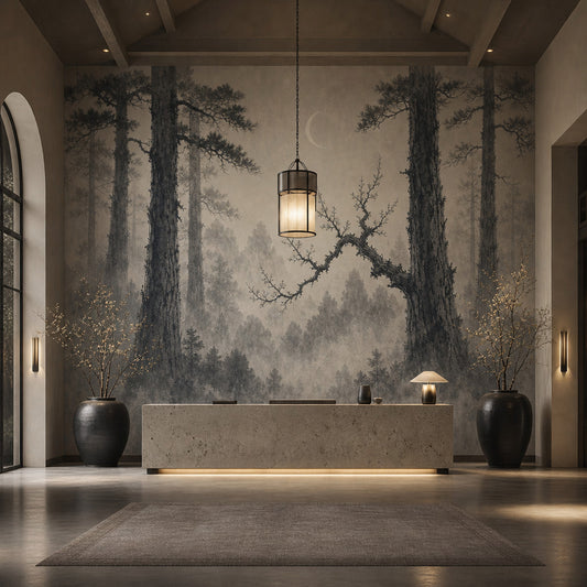 Misty Forest Wallpaper Cloudy Sky Wall Mural