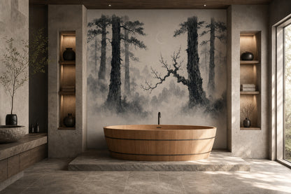Misty Forest Wallpaper Cloudy Sky Wall Mural