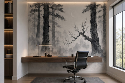 Misty Forest Wallpaper Cloudy Sky Wall Mural