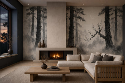 Misty Forest Wallpaper Cloudy Sky Wall Mural