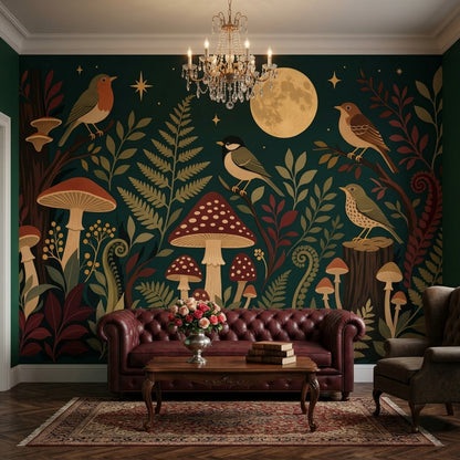 Night Forest Wallpaper Moon Removable Birds Wall Decor