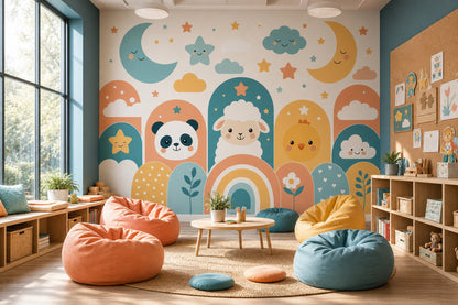 Nursery Wallpaper Cute Animals Moon And Stars Removable Wall Decor