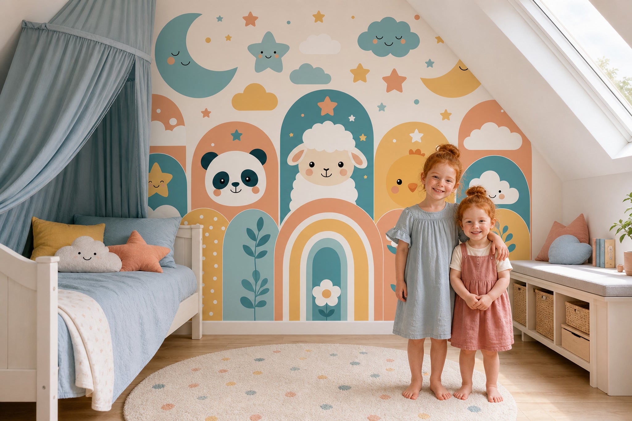 Nursery Wallpaper Cute Animals Moon And Stars Removable Wall Decor