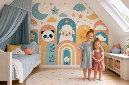 Nursery Wallpaper Cute Animals Moon And Stars Removable Wall Decor