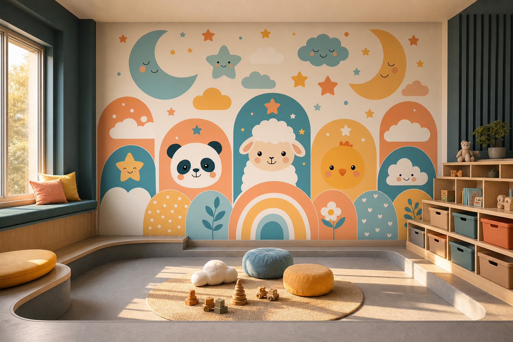 Nursery Wallpaper Cute Animals Moon And Stars Removable Wall Decor