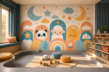 Nursery Wallpaper Cute Animals Moon And Stars Removable Wall Decor