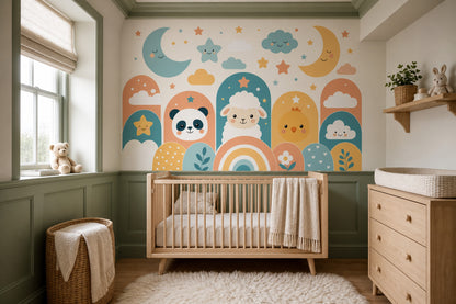 Nursery Wallpaper Cute Animals Moon And Stars Removable Wall Decor