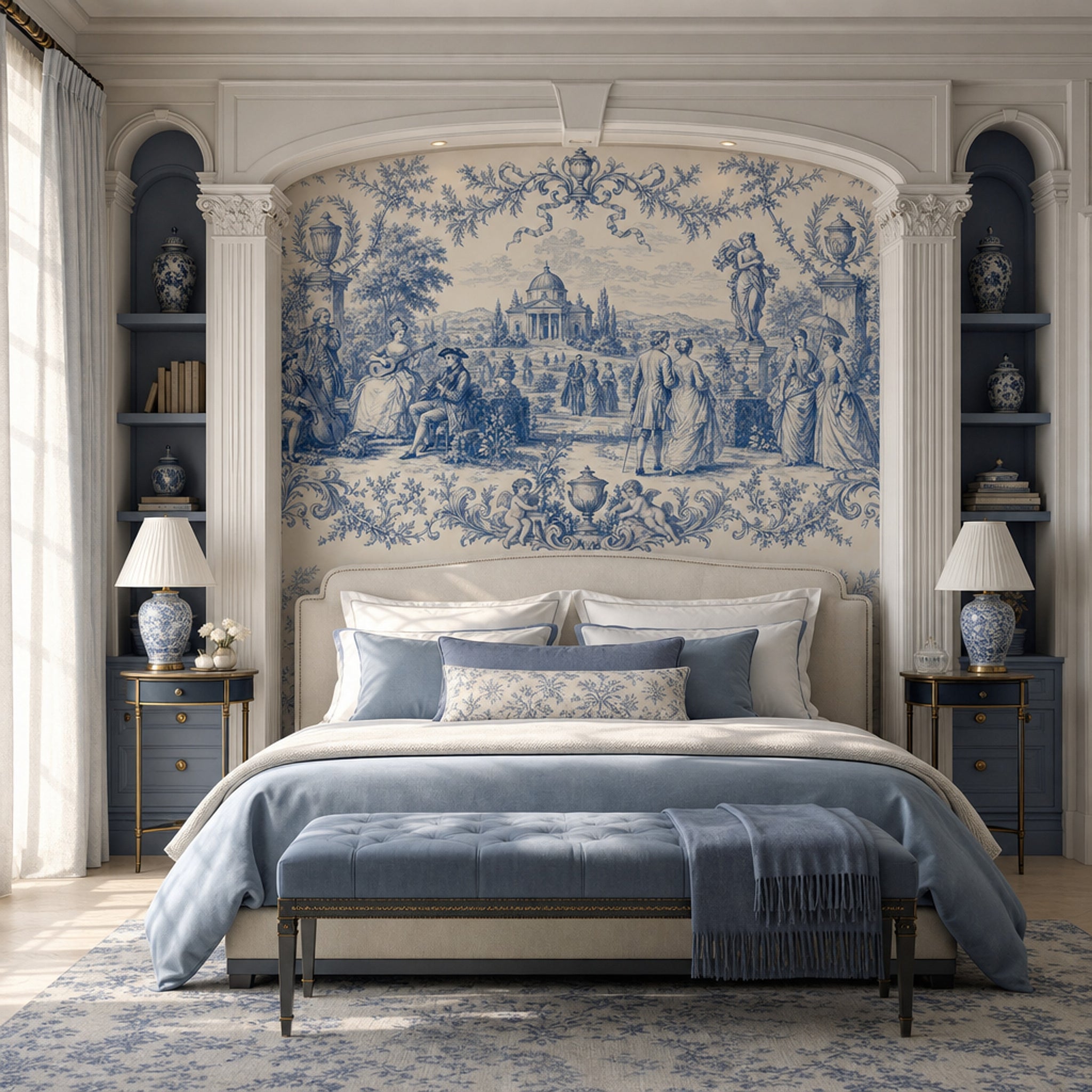 Blue Toile Wallpaper Pastoral Landscape French Country Wall Mural
