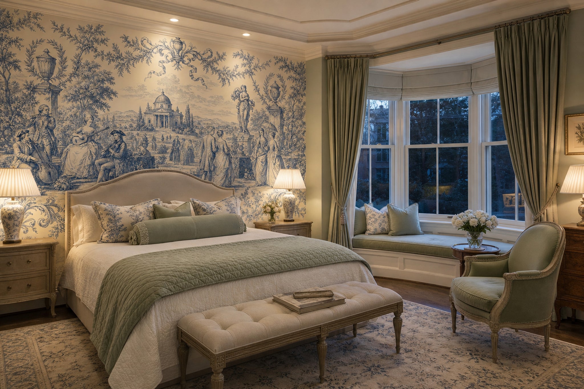 Blue Toile Wallpaper Pastoral Landscape French Country Wall Mural
