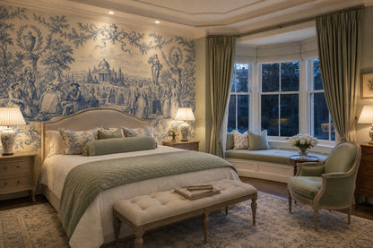 Blue Toile Wallpaper Pastoral Landscape French Country Wall Mural