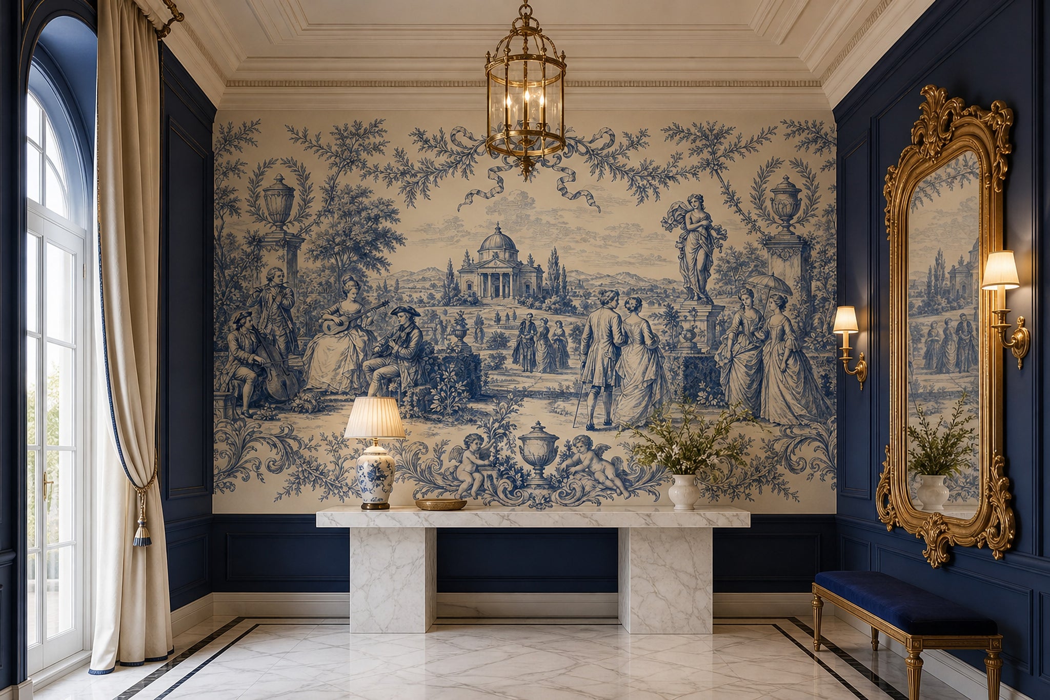 Blue Toile Wallpaper Pastoral Landscape French Country Wall Mural