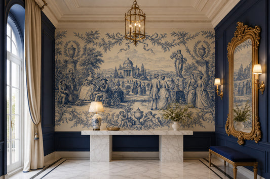 Blue Toile Wallpaper Pastoral Landscape French Country Wall Mural