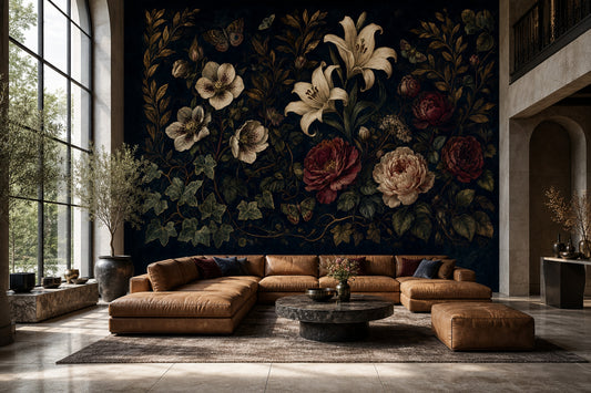 Vintage Botanical Wallpaper Floral Wallpaper Navy Background Removable Wall Decor