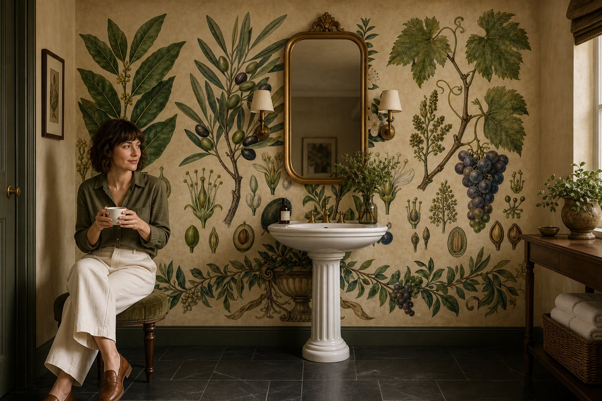 Muted Green Wallpaper Botanical Vintage Wall Mural