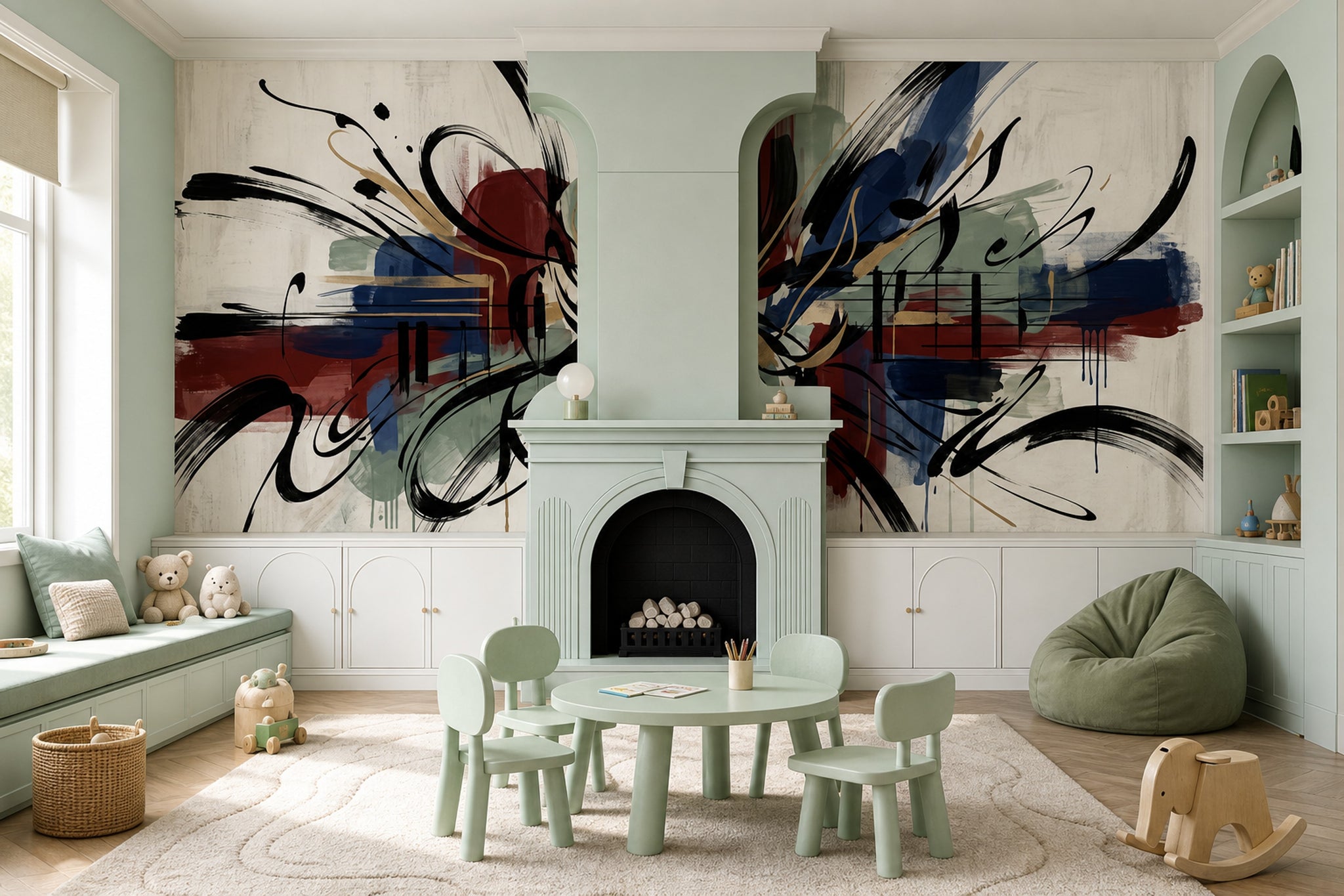 Gestural Brushstrokes Wallpaper Geometric Blocks Gold Accents Removable Wall Decor