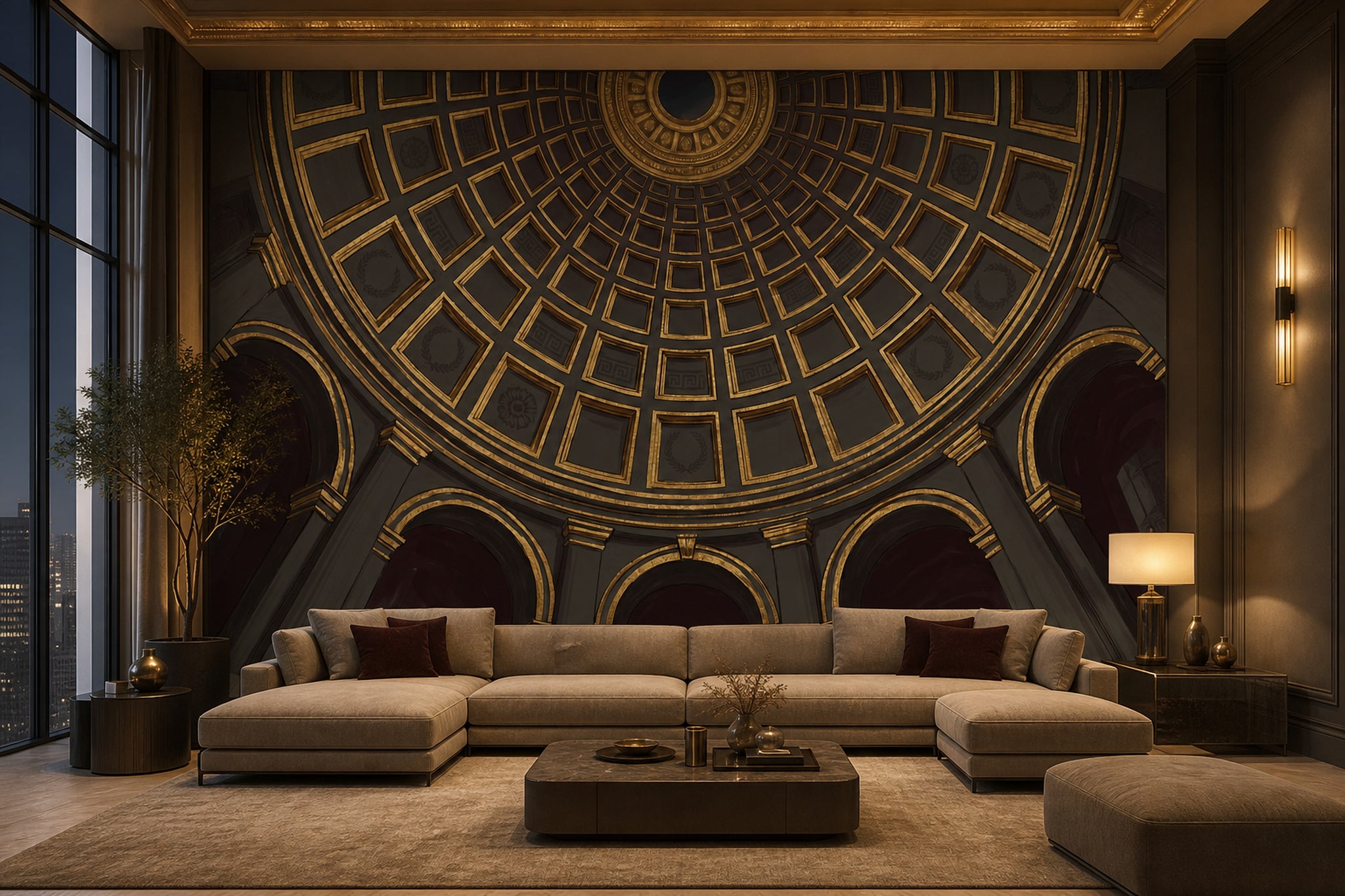 Domed Ceiling Wallpaper Coffered Classical Architecture Wall Mural