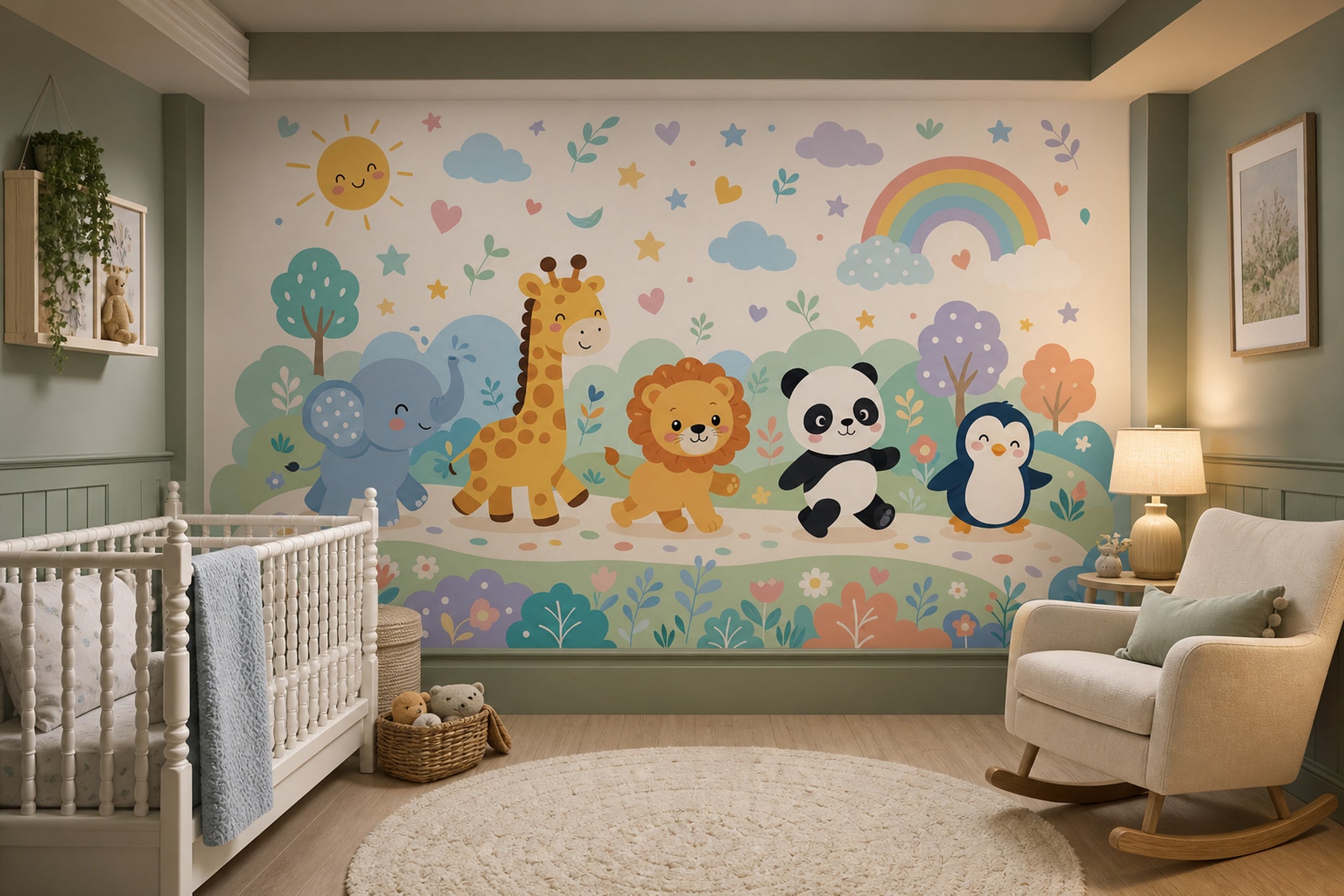 Nursery Wallpaper Cute Animals Pastel Rainbow Removable Wall Decor