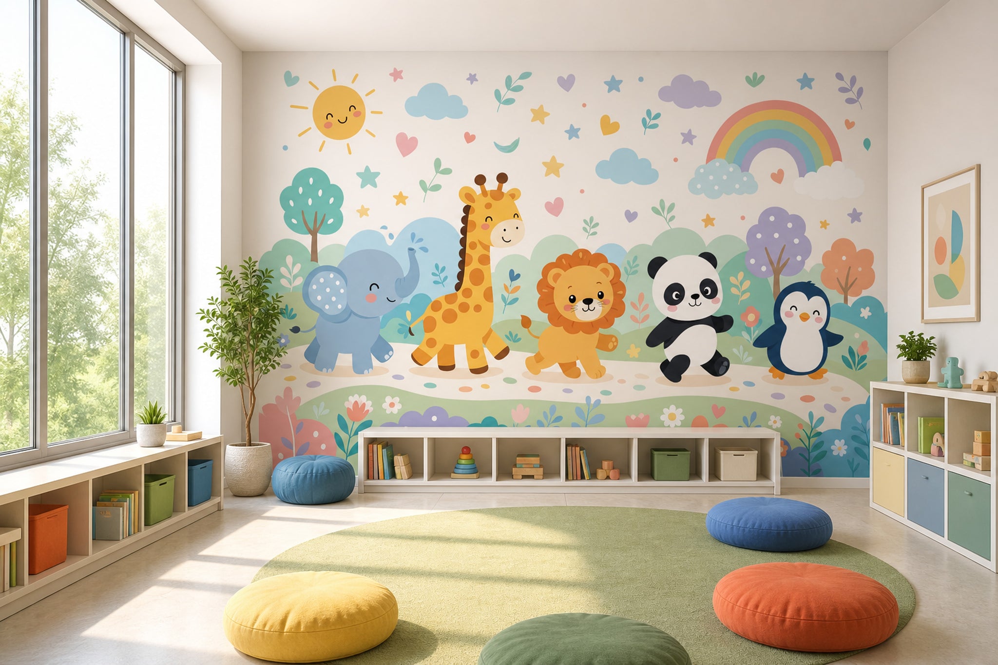 Nursery Wallpaper Cute Animals Pastel Rainbow Removable Wall Decor