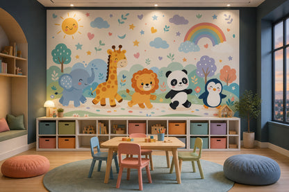 Nursery Wallpaper Cute Animals Pastel Rainbow Removable Wall Decor