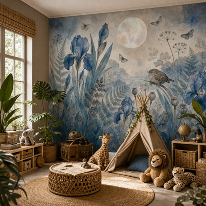 Blue Botanical Wallpaper Iris Flowers Vintage Garden Wall Mural