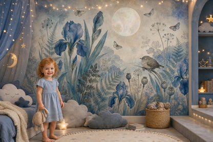 Blue Botanical Wallpaper Iris Flowers Vintage Garden Wall Mural