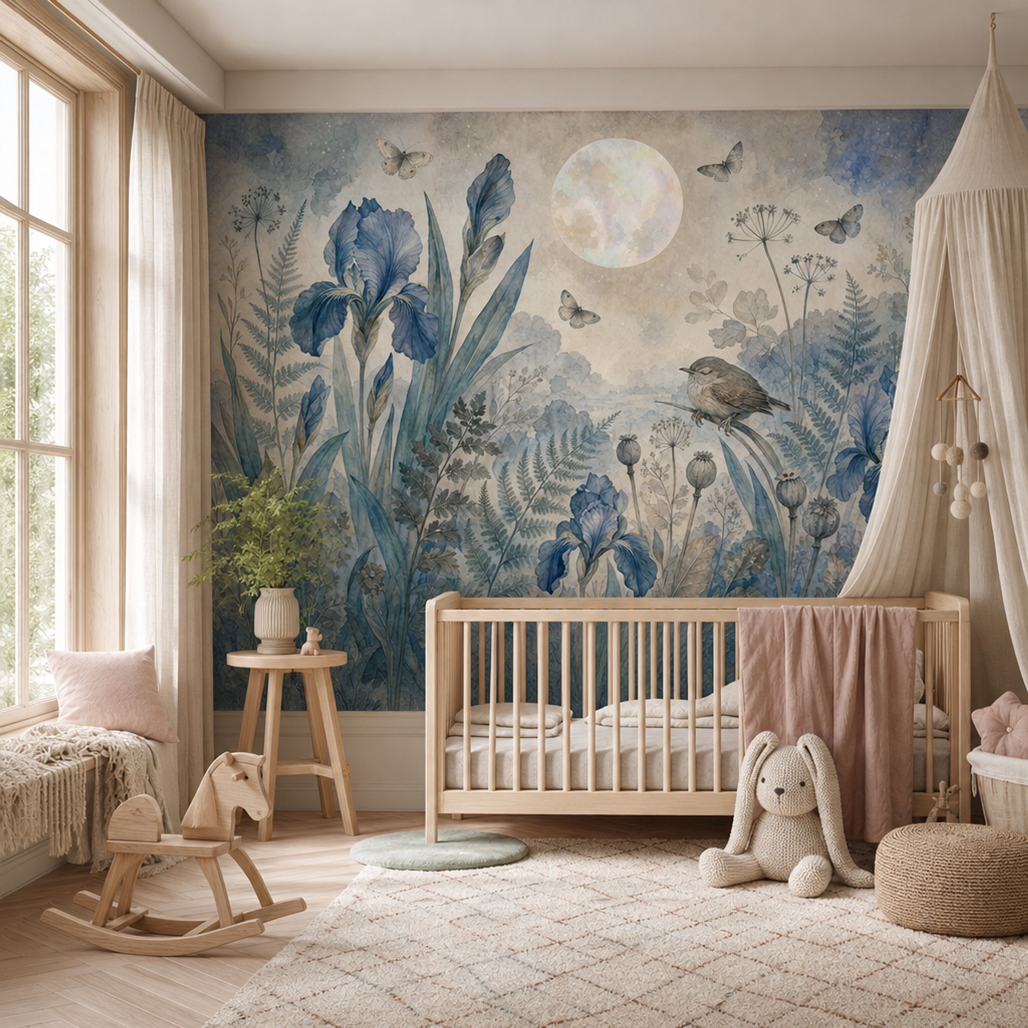 Blue Botanical Wallpaper Iris Flowers Vintage Garden Wall Mural