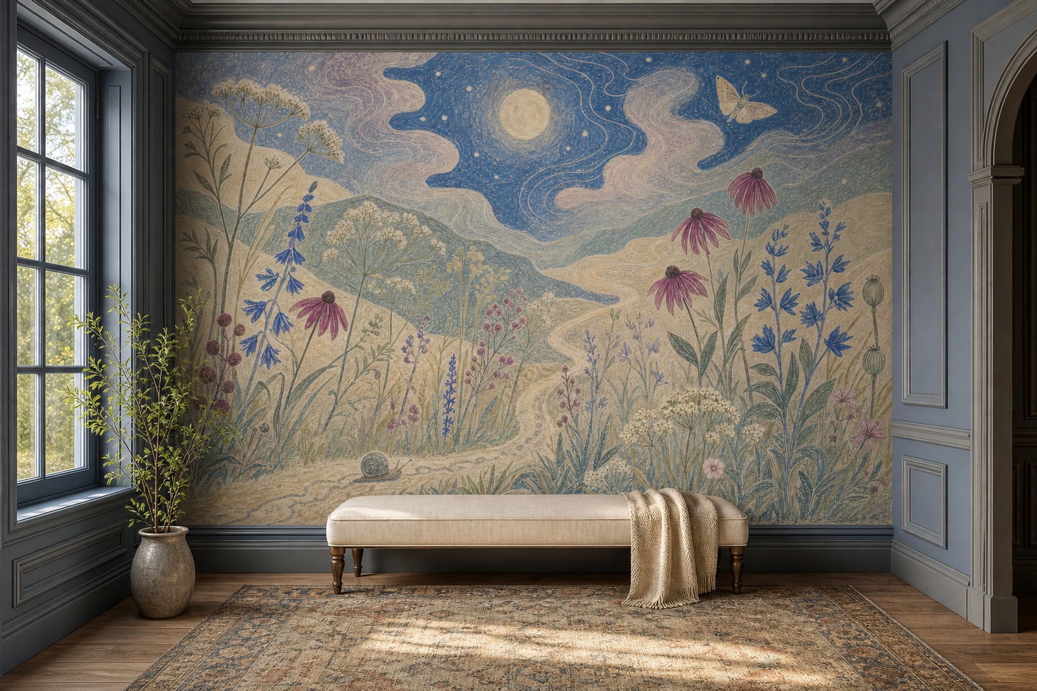 Moonlit Landscape Wallpaper Wildflower Meadow Removable Night Sky Wall Decor