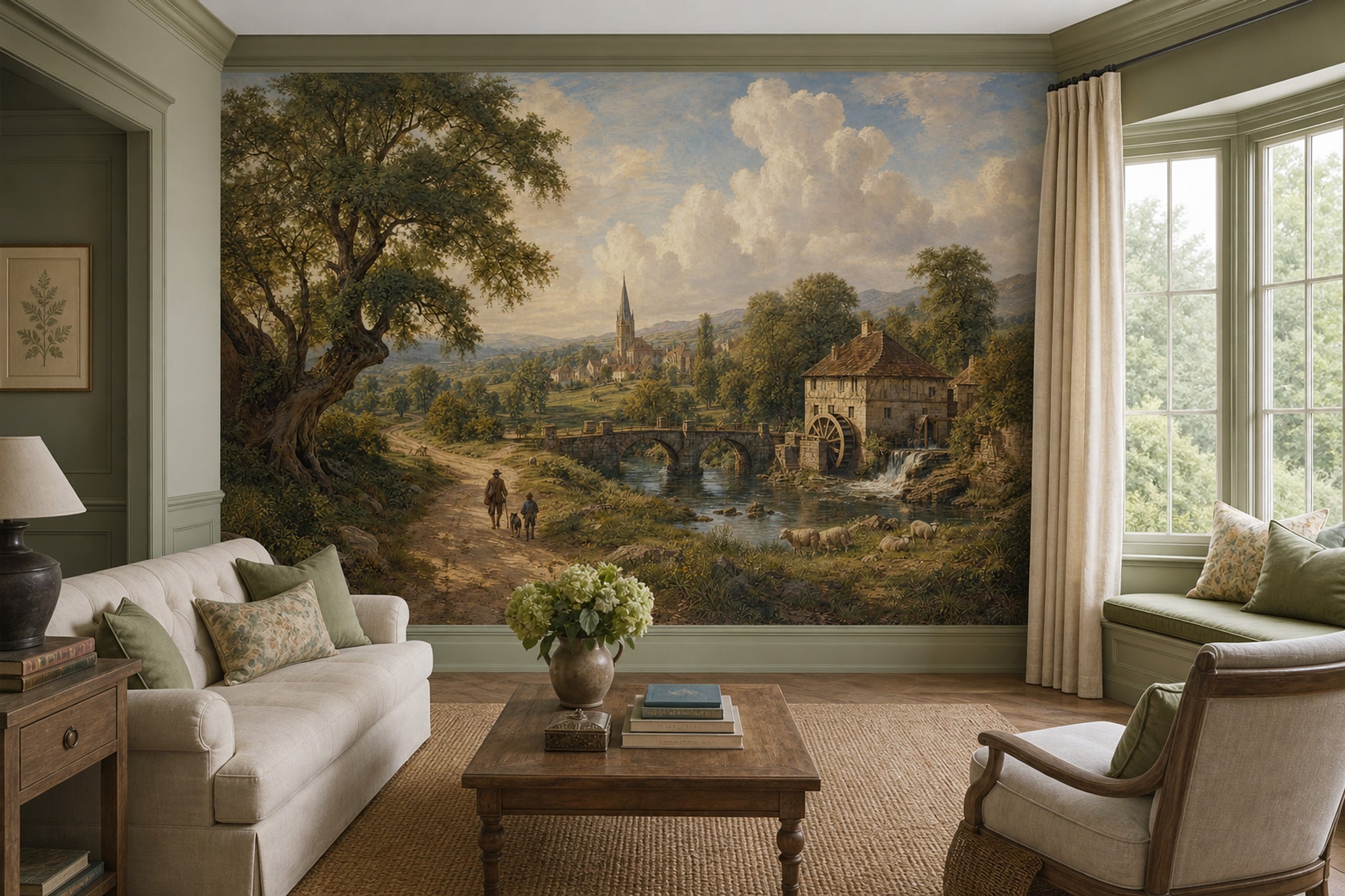 Pastoral Landscape Wallpaper Countryside Village Stone Bridge Removable Wall Decor