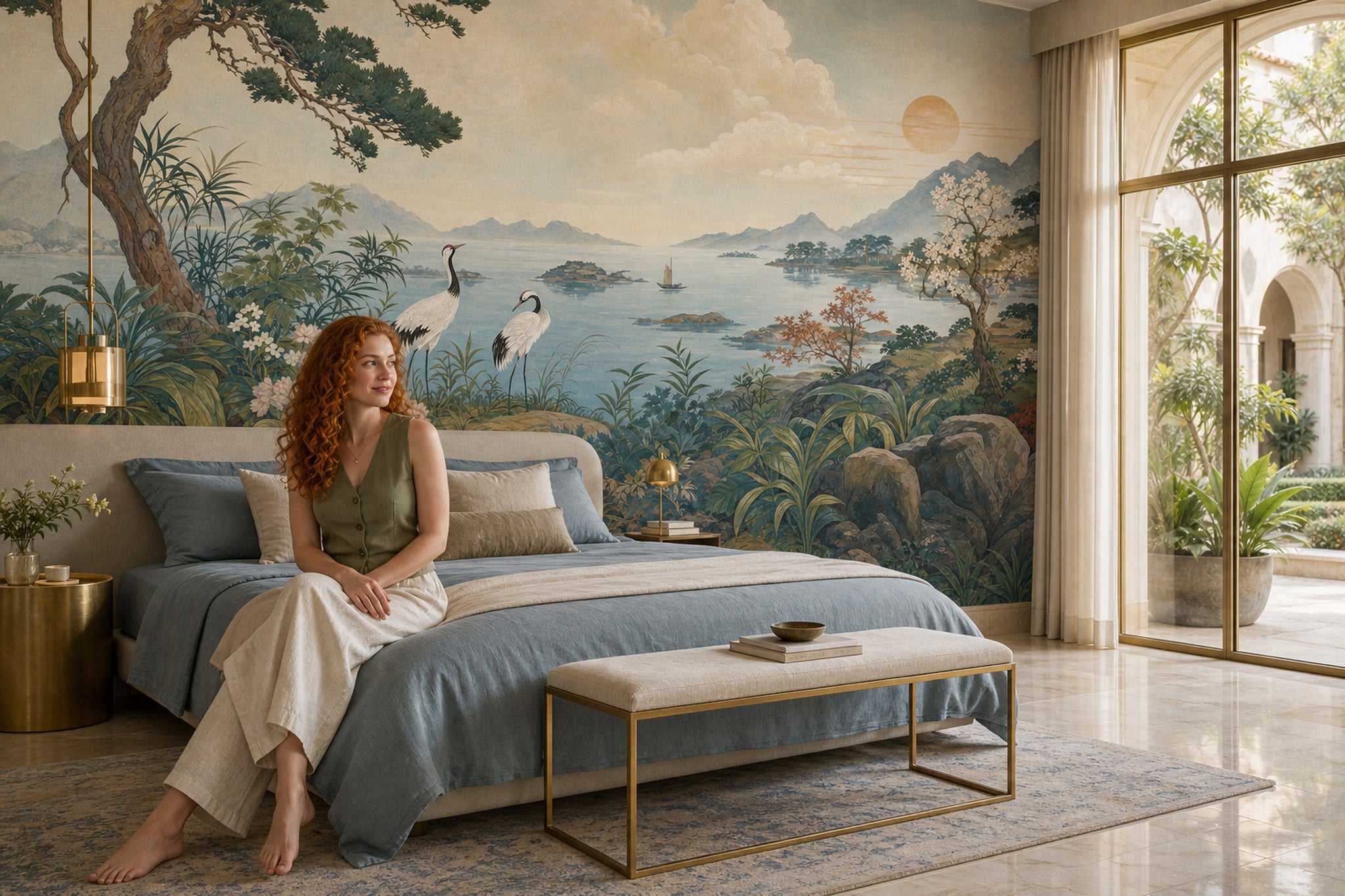 Landscape Mural Wallpaper East Asian Inspired Cranes Removable Wall Decor