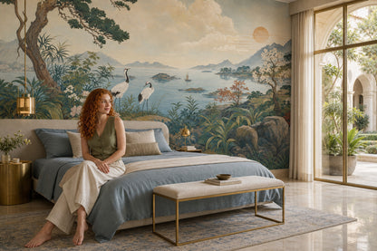 Landscape Mural Wallpaper East Asian Inspired Cranes Removable Wall Decor