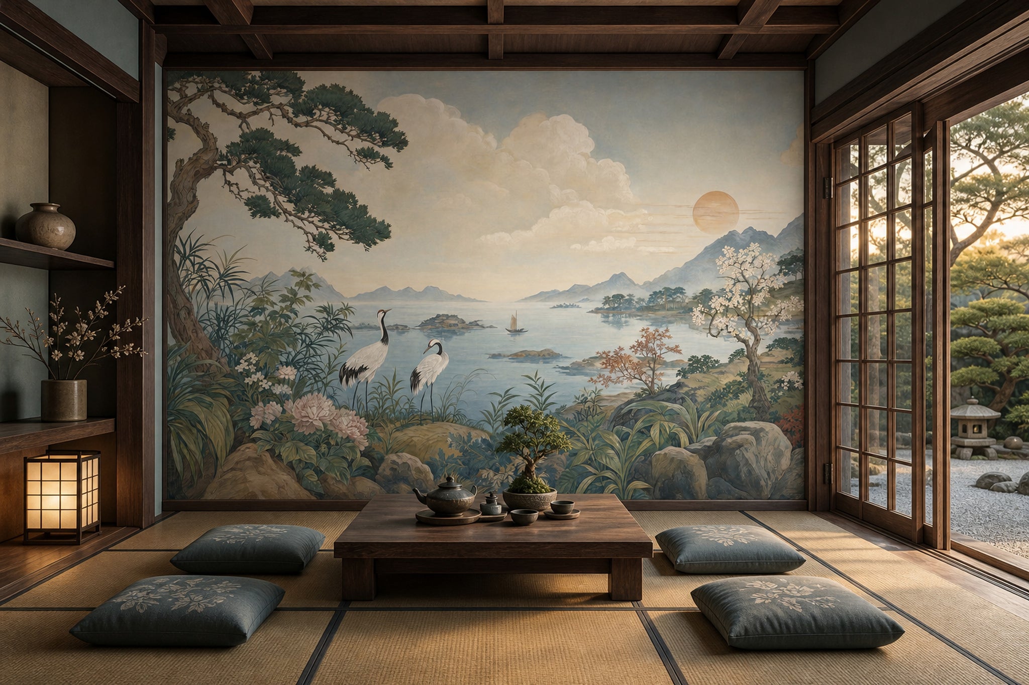Landscape Mural Wallpaper East Asian Inspired Cranes Removable Wall Decor