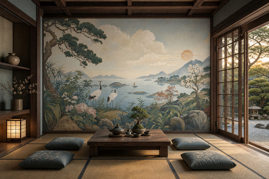 Landscape Mural Wallpaper East Asian Inspired Cranes Removable Wall Decor