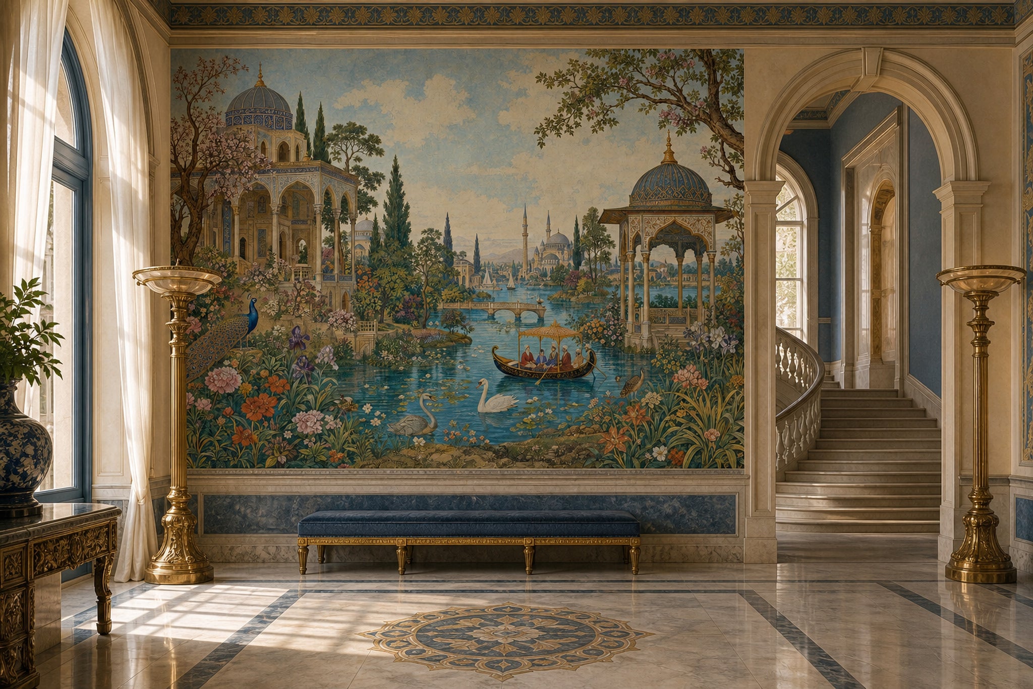 Ornate Palace Garden Wallpaper Blue Domes Islamic Architecture Wall Mural