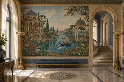 Ornate Palace Garden Wallpaper Blue Domes Islamic Architecture Wall Mural