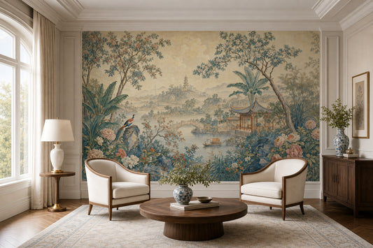 Chinoiserie Wallpaper Pagoda Asian Landscape Wall Mural