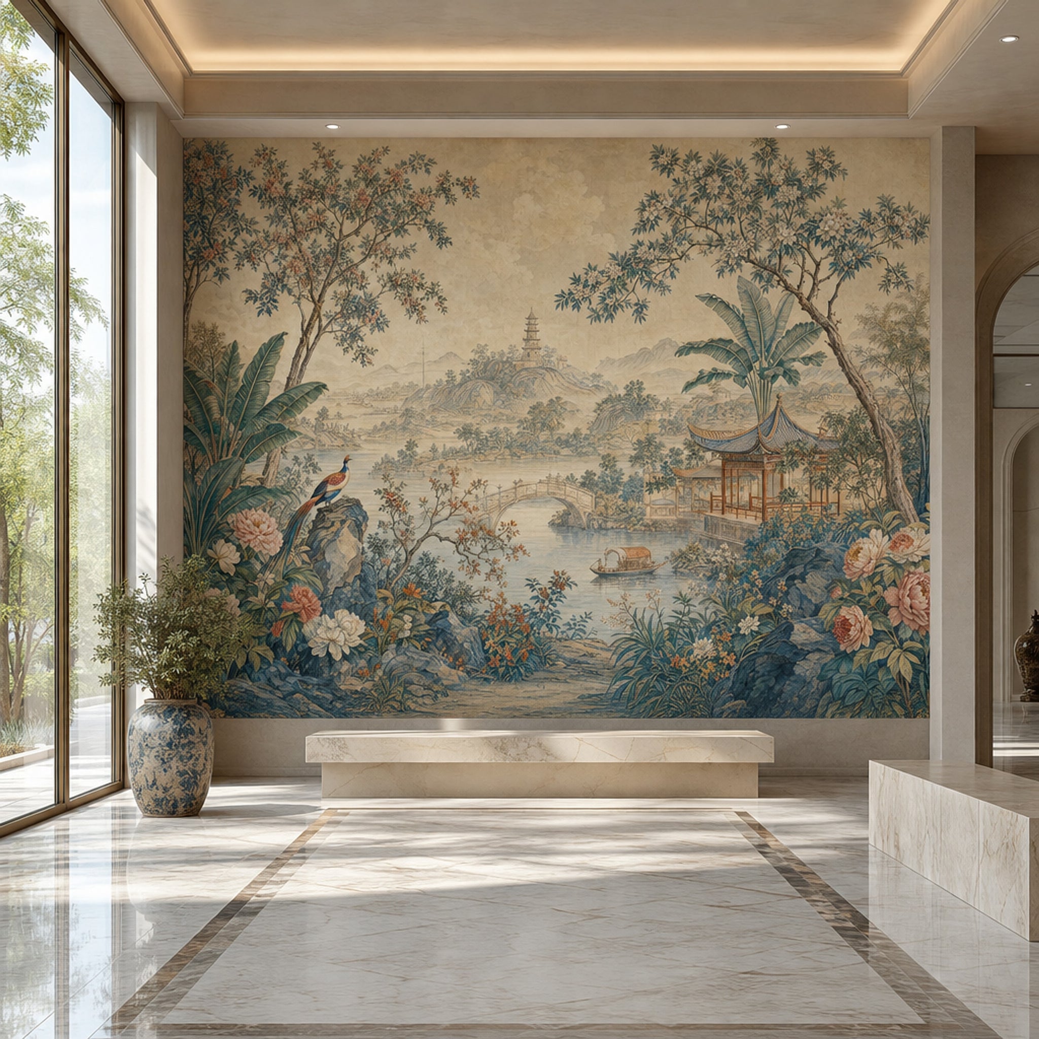 Chinoiserie Wallpaper Pagoda Asian Landscape Wall Mural