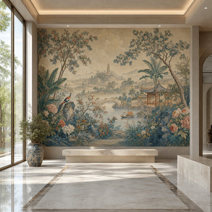 Chinoiserie Wallpaper Pagoda Asian Landscape Wall Mural