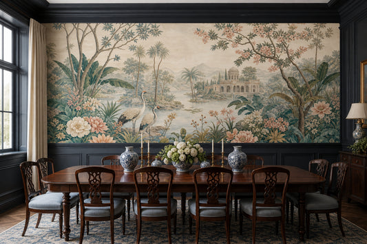 Tropical Landscape Wallpaper Floral Mural Cranes Removable Wall Decor