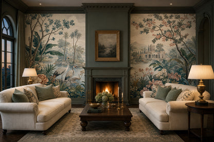 Tropical Landscape Wallpaper Floral Mural Cranes Removable Wall Decor