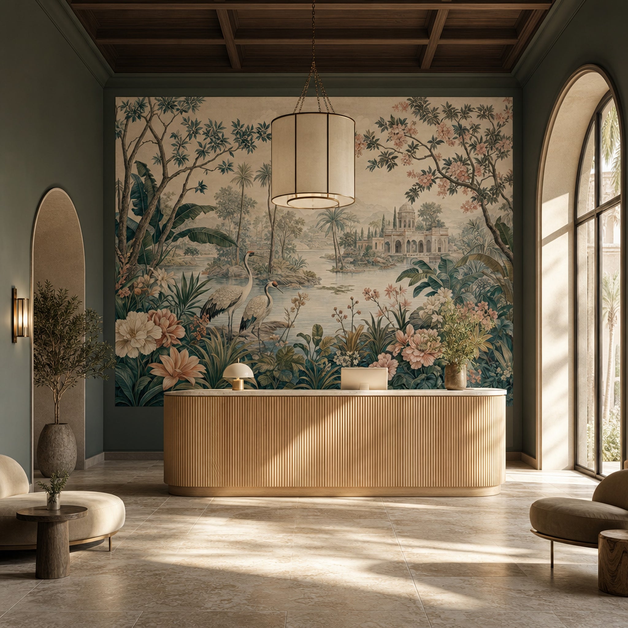 Tropical Landscape Wallpaper Floral Mural Cranes Removable Wall Decor