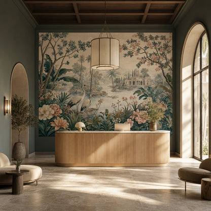 Tropical Landscape Wallpaper Floral Mural Cranes Removable Wall Decor