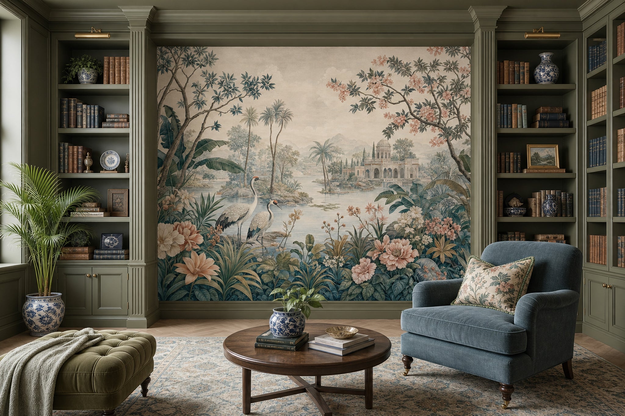 Tropical Landscape Wallpaper Floral Mural Cranes Removable Wall Decor